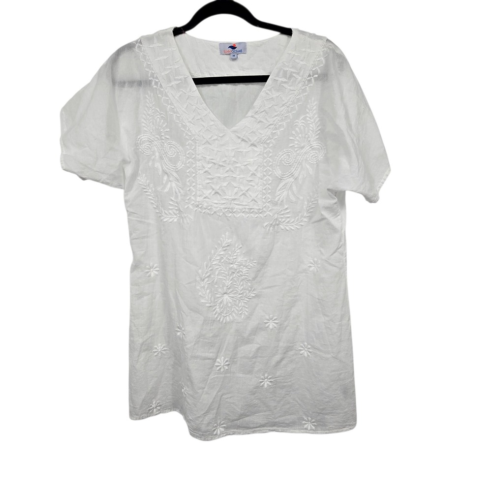 Sunny Oceans‎ Embroidered Tunic Top Womens M White Cotton Boho Beach Coastal